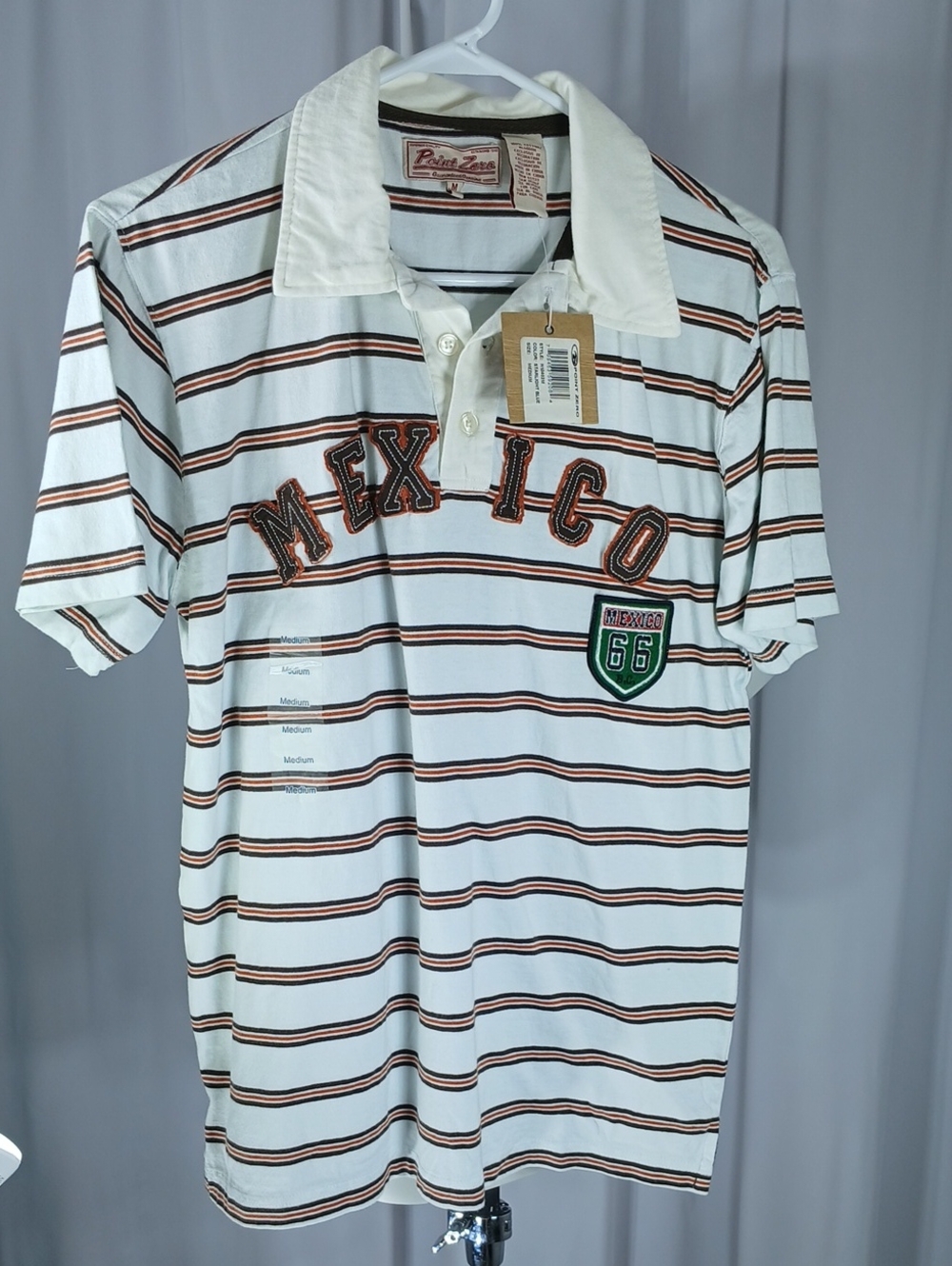 Point Zero Mexico White Striped Rugby Polo with orange and Brown Accents